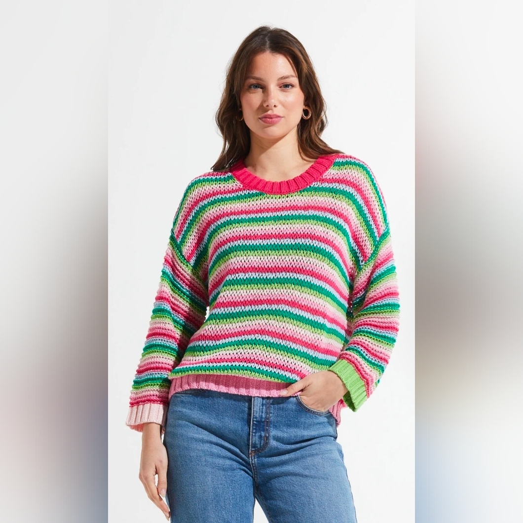 Zaket & Plover Women's Small Chunky Stripe Open Knit Sweater 100% Cotton Orchid